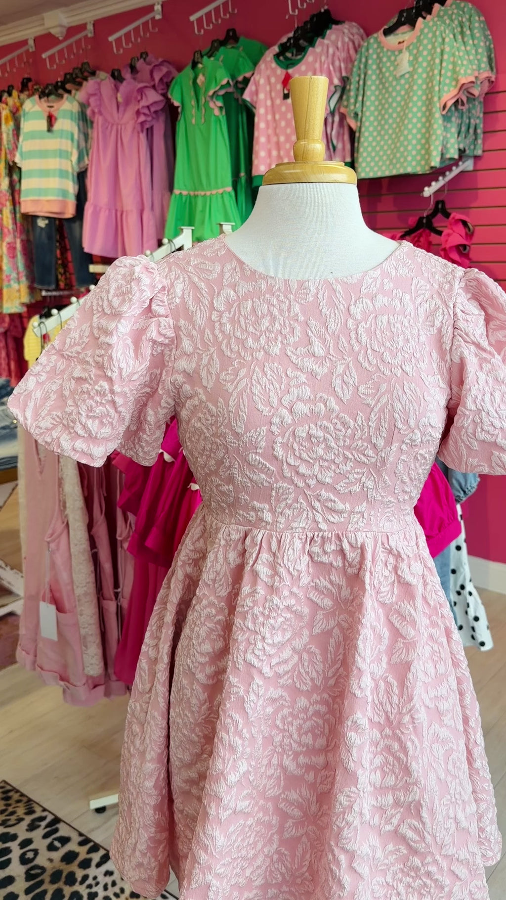 Women’s Blush Jacquard Mini Dress with Puff Sleeves and Tie Back