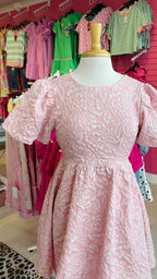 Women’s Blush Jacquard Mini Dress with Puff Sleeves and Tie Back