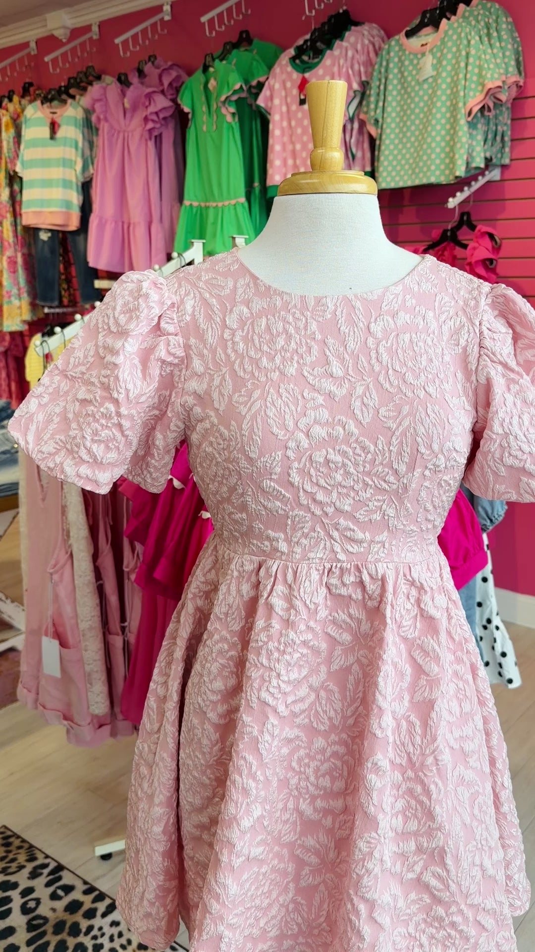 Women’s Blush Jacquard Mini Dress with Puff Sleeves and Tie Back