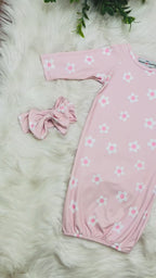 Girl’s Pink Flower Baby Gown With Headband