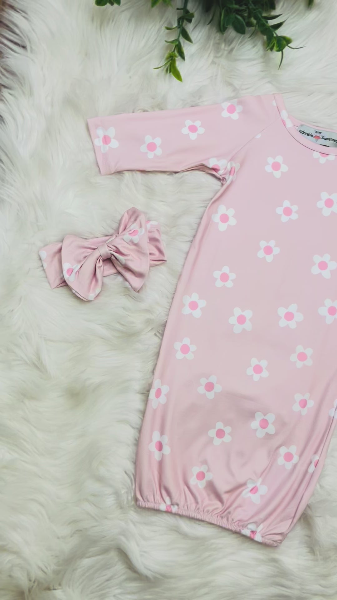 Girl’s Pink Flower Baby Gown With Headband