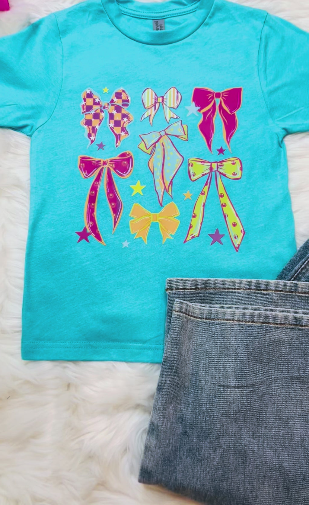 Girl’s Teal with Pink and Yellow Bows Tee