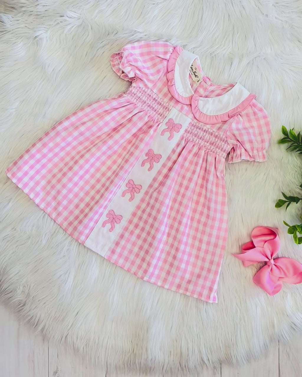 Girl’s Pretty Bows Pink Gingham Embroidered Dress