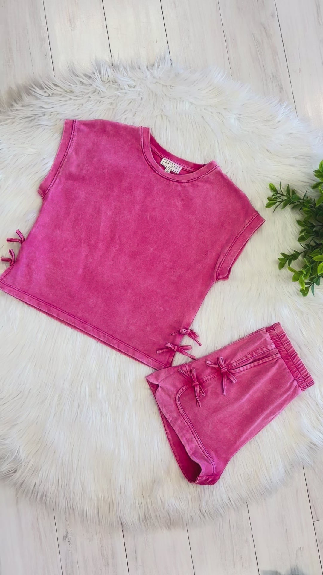 Girl’s Hayden Pink Acid Wash Short Set with Bows
