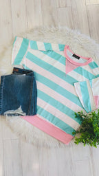 Women’s Teal Stripe Top with Pink Trim