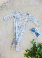 Girl’s Blue Floral Butterfly Knotted Gown and Hat Set