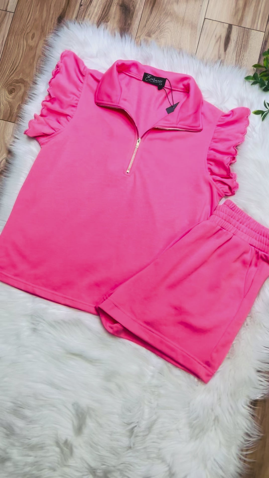 Women’s Pink Half Zip Flutter Sleeve Short Set