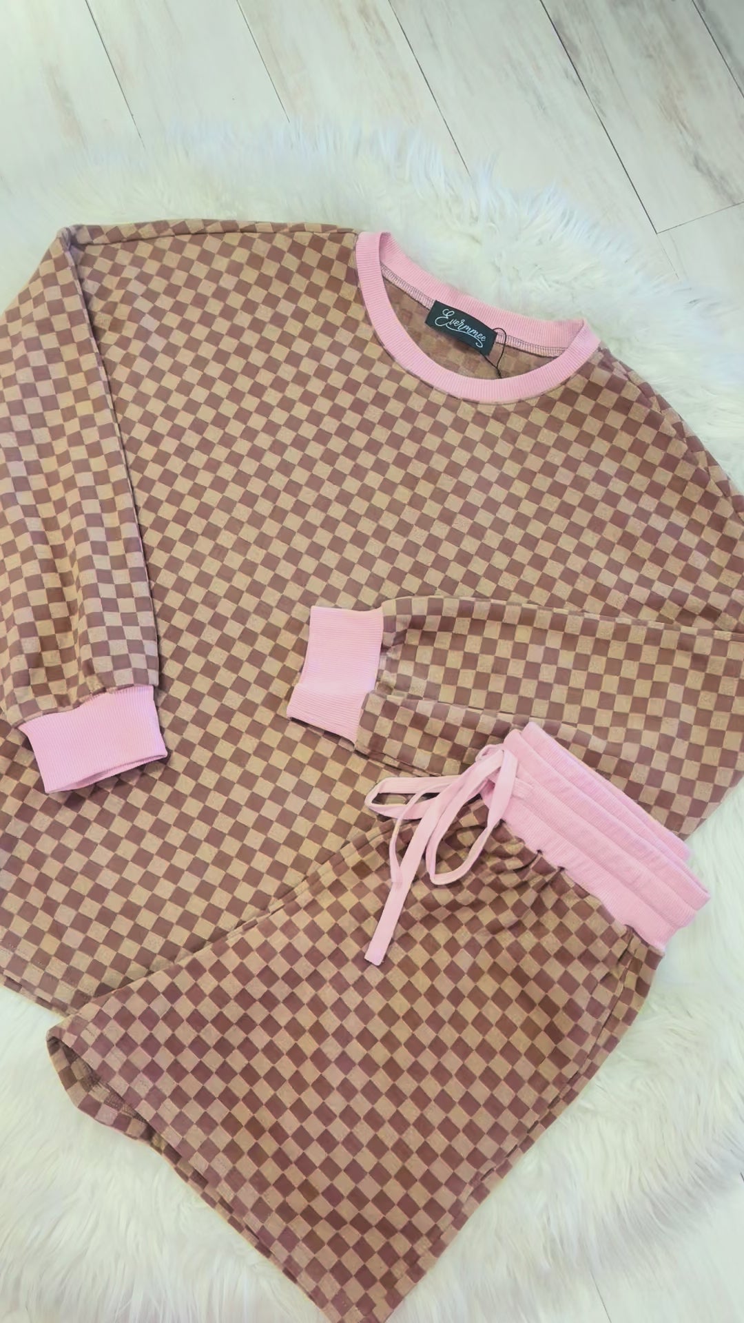 Women’s Brown Checkered Short Set with Light Pink Trim