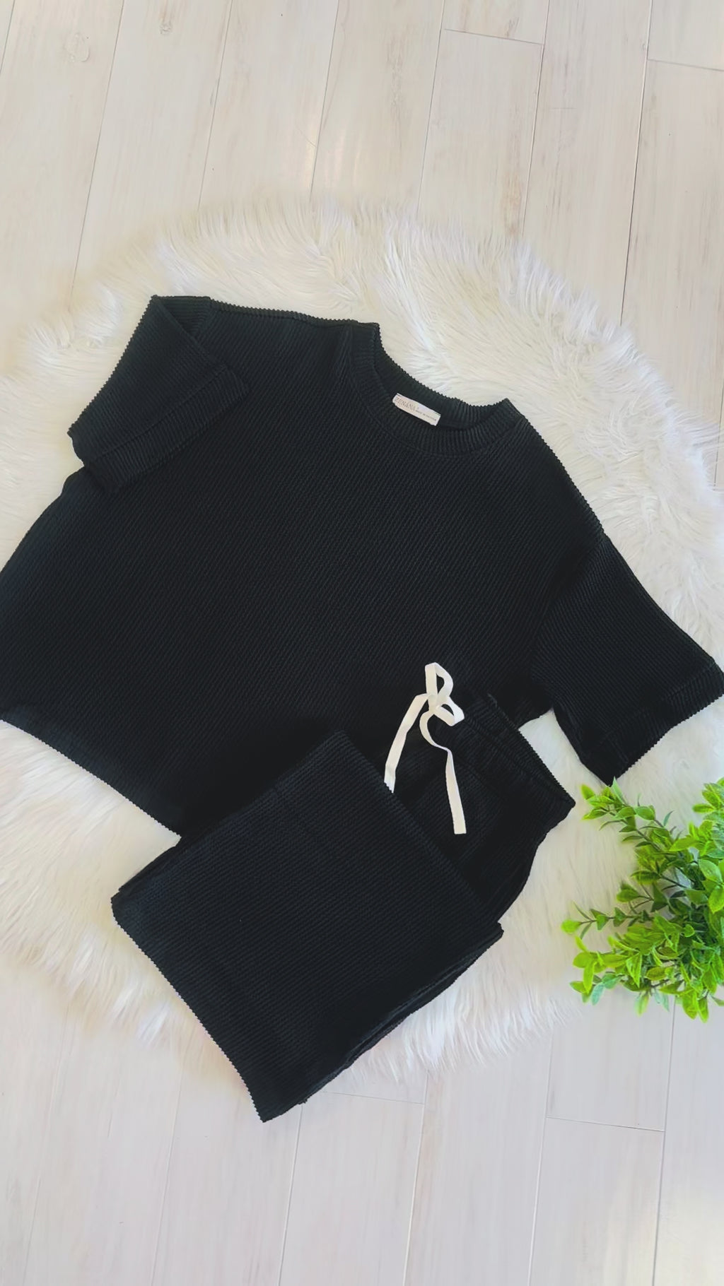 Women’s Black Ribbed Top and Drawstring Pant Set