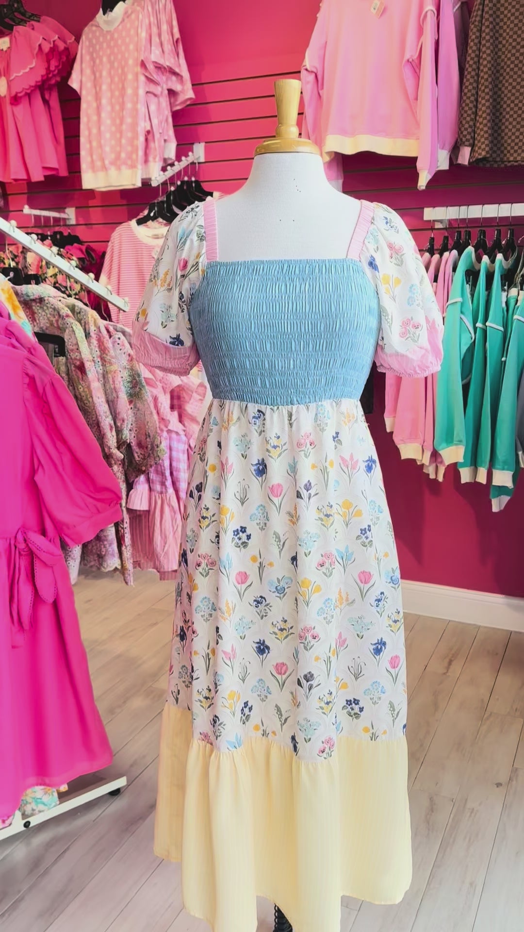 Women’s Pink and Yellow Smocked Floral Print Dress
