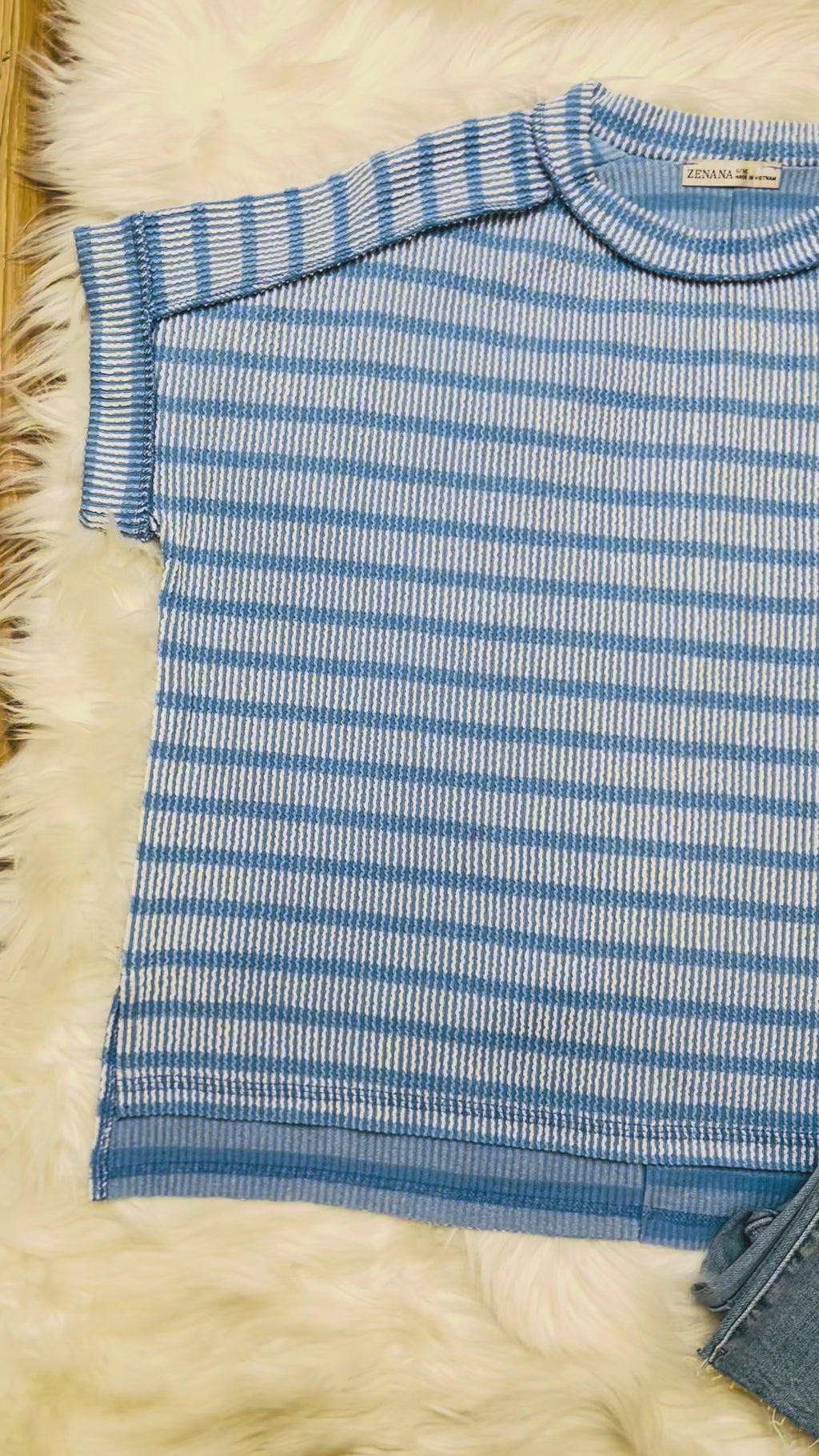 Women’s Zenana Cornflower Blue Ribbed Striped Top