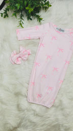 Girl’s Pink Stripe and Bow Baby Gown With Headband