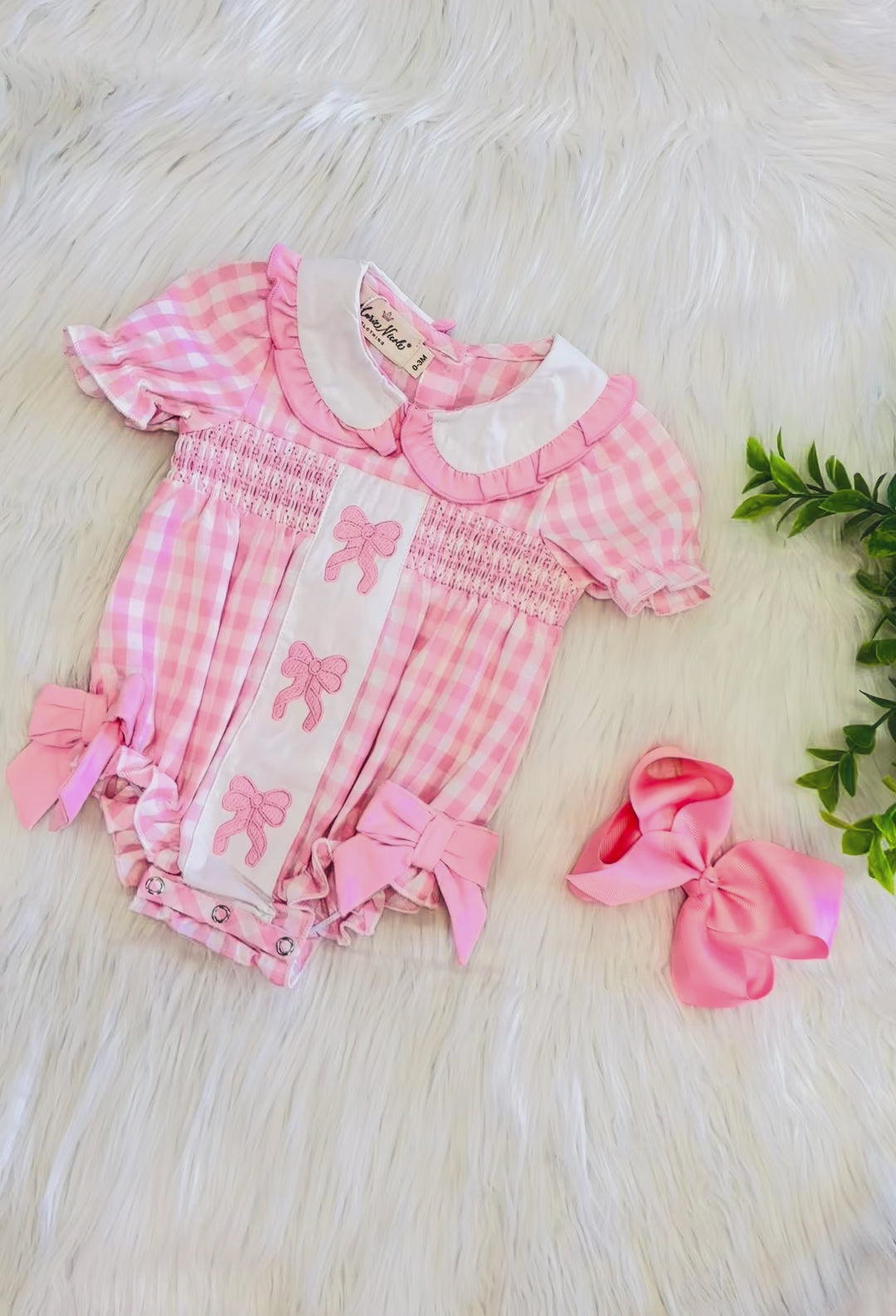 Girl’s Pretty Bows Pink Gingham Embroidered Romper
