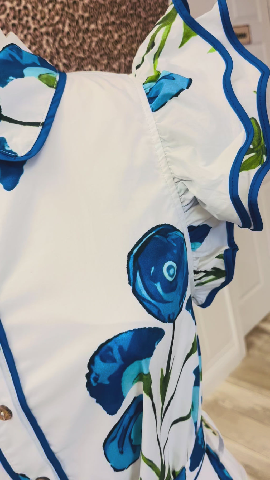 Women’s Blue Flower Ruffle Sleeve Dress
