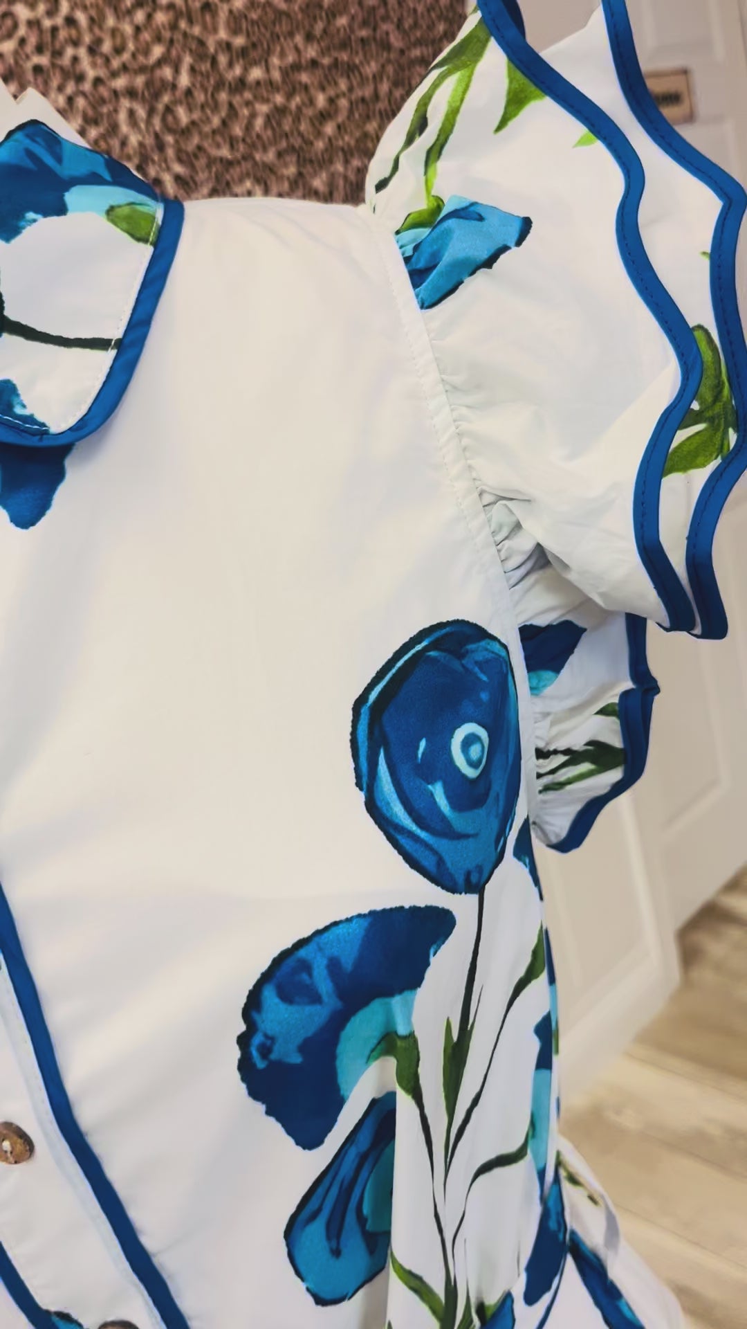 Women’s Blue Flower Ruffle Sleeve Dress