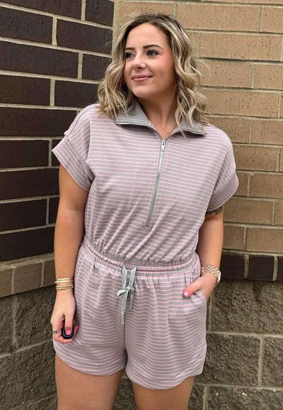 Umgee Grey and Pink Striped Draw String Romper - Mini Mee Boutique