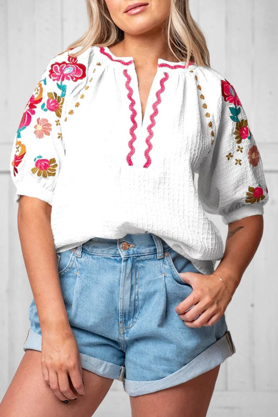 Floral Embroidered Sleeve Top